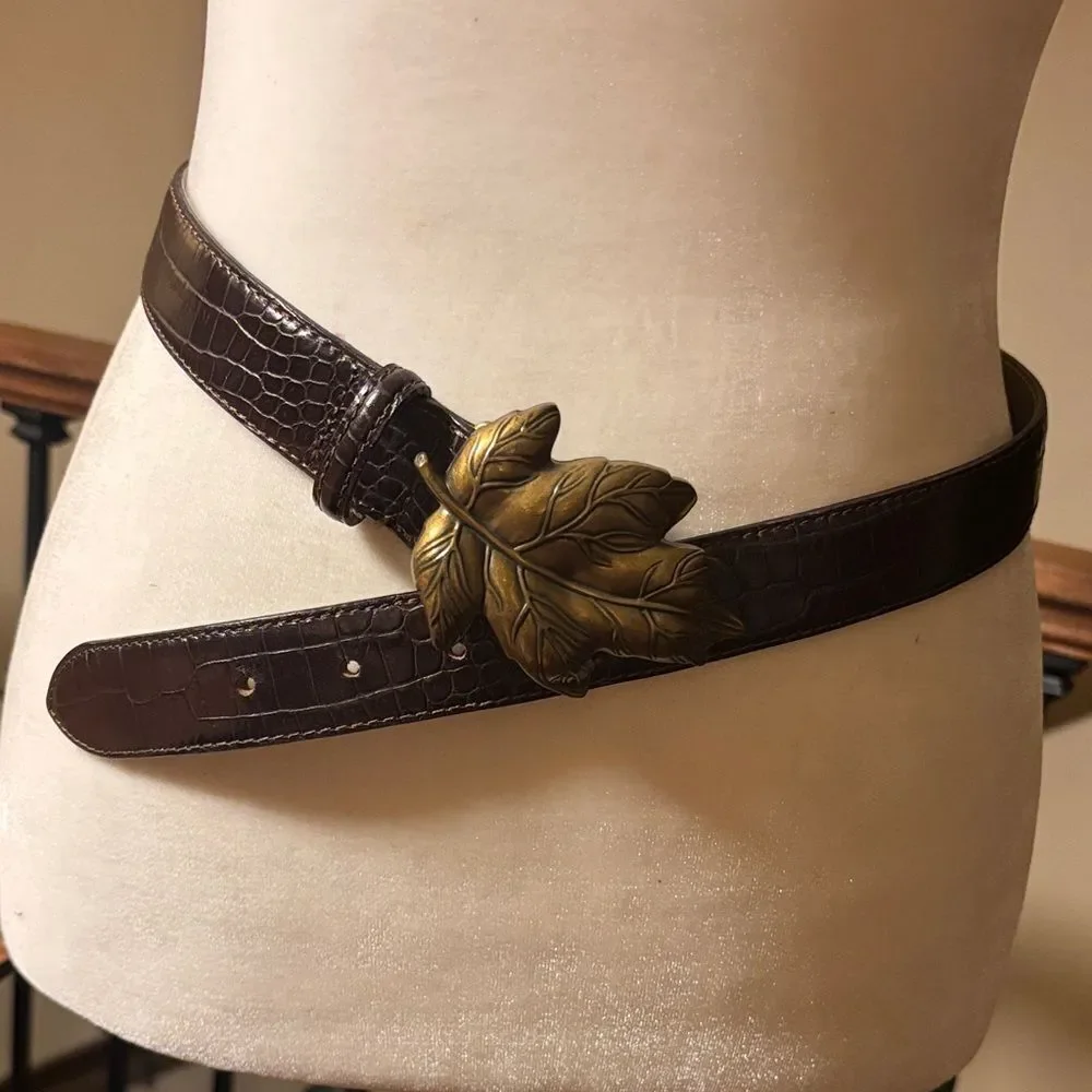 Talbots Brown Leather Croc Belt Patent Embossed Leaf Punch Buckle